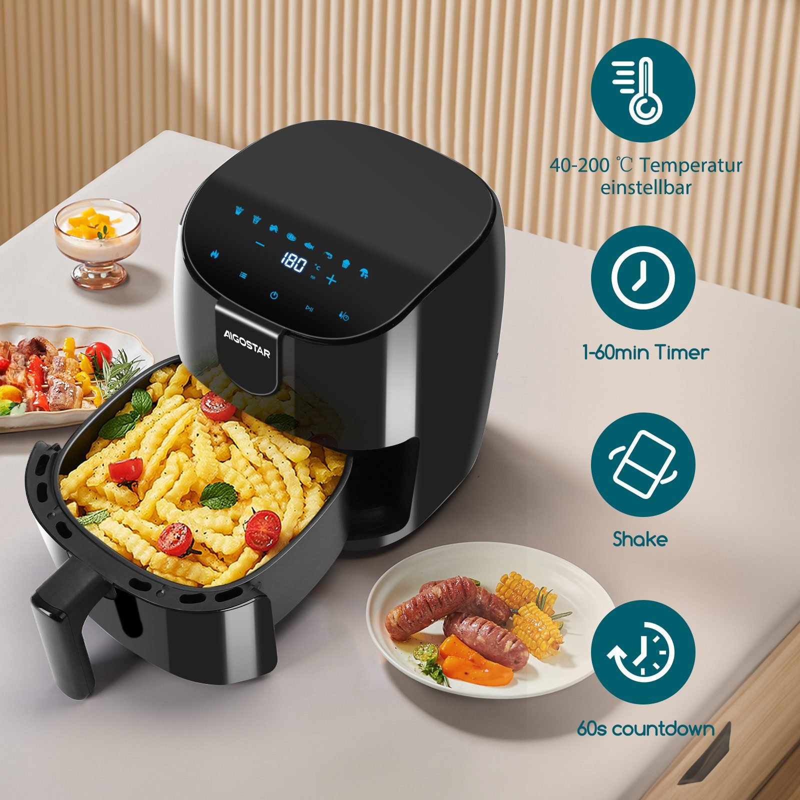 Aigostar Aigostar Heißluftfritteuse 4L, 9 Programme Air Fryer, LED-Touchscreen, ölfrei Heissluftfriteuse, 1500,00 W, 1H Timer, Intelligente Vorheizfunktion & Shake-Erinnerung Heißluftfritteusen