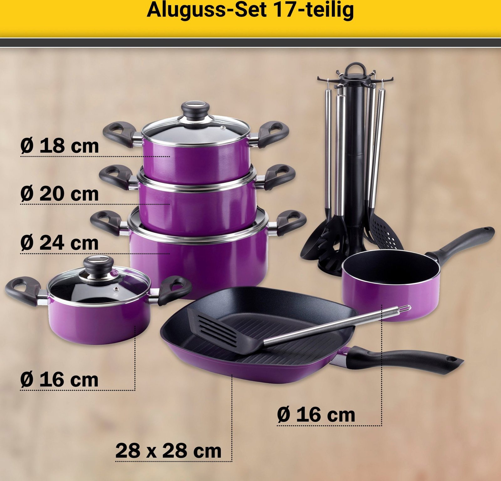 Krüger Topf-Set Aluguss Topf- und Pfannenset inkl. praktischen Küchenhelfern, 17 tlg., Aluminiumguss (Set, 17-tlg., Fleischtopf 16/18/20/24cm, Stieltopf 16cm Steakpfanne 7 T.Küchenhelfer), inkl. 7-tlg. Küchenhelfer-Set lila Kru00FCger Topfsets