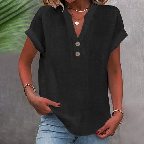 womens Tops, Tees & Blouses AG Linen Shirts for Women 2024 Summer Casual V Neck Button Down Short Sleeve Tops Trendy Comfy Business Work Blouses Black