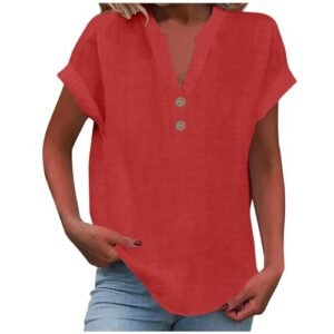 ‎womens Tops, Tees & Blouses AG Linen Shirts for Women 2024 Summer Casual V Neck Button Down Short Sleeve Tops Trendy Comfy Business Work Blouses Red