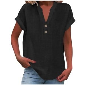 ‎womens Tops, Tees & Blouses AG Linen Shirts for Women 2024 Summer Casual V Neck Button Down Short Sleeve Tops Trendy Comfy Business Work Blouses Black