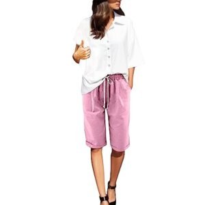 Bermuda Shorts for Women Knee Length Plus Size Cotton Linen Casual Shorts Drawstring High Waist Shorts with Pockets Small ‎womens Shorts AG