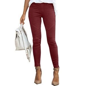 ‎womens Leggings AG JIURI Women’s High Waisted Moto Jeggings Solid Skinny Trousers Pencil Full Carpi Leggings Stretchy Slim Pants Wine Red