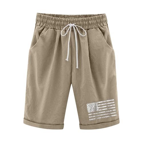 Bermuda Shorts for Women Knee Length Plus Size Cotton Linen Casual Shorts Drawstring High Waist Shorts with Pockets Large womens Shorts AG