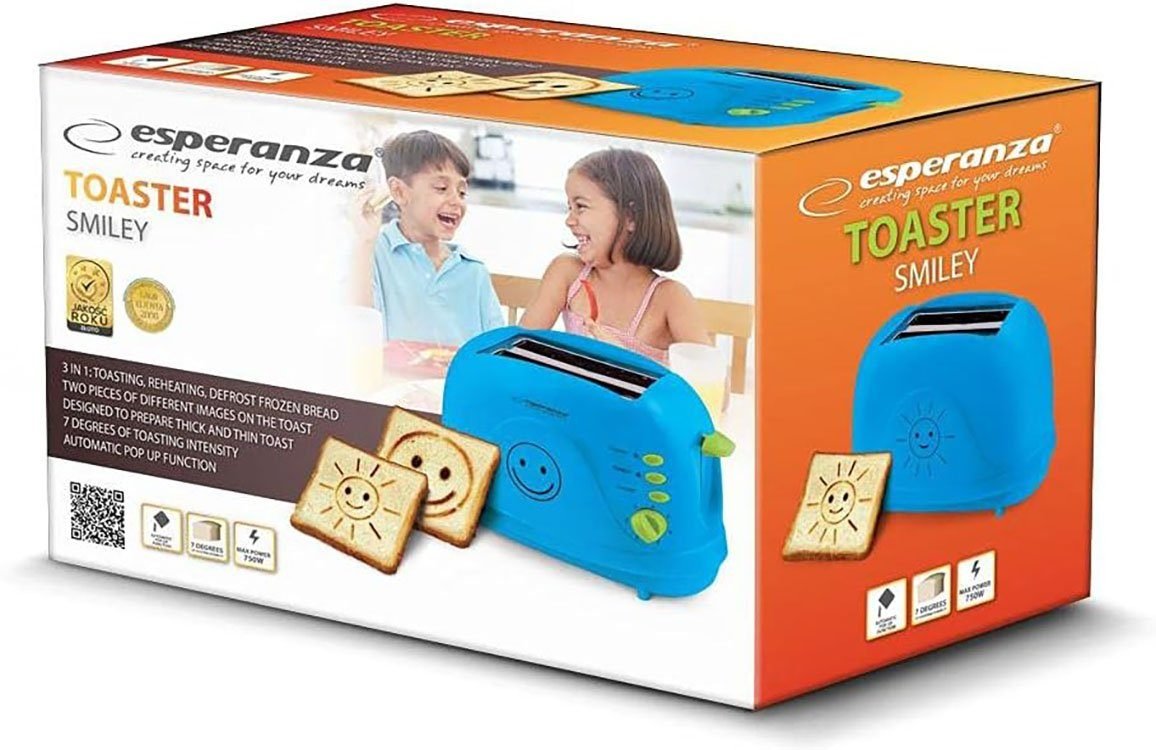 Esperanza Toaster Toaster 2 Scheiben mit SMILEY Bild Muster und Timer, 2 lange Schlitze, Bräunung & Auftauen & Erneutes Erhitzen/Wiederaufwärmen blau Esperanza Langschlitztoaster