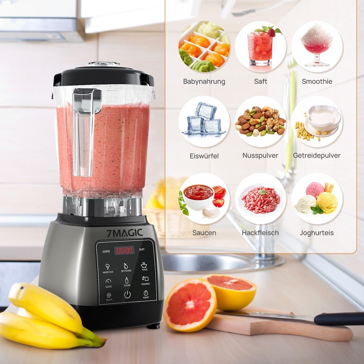 7MAGIC Standmixer Pulsfunktion, Timer, 5 intelligentes Programm Smoothie Maker, 2000 W, max. 28.000 U/min Hochleitungsmixer mit Touchpanel LED Display Standmixer 7MAGIC