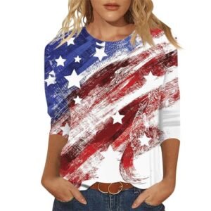 YUTANRAL 4th of July Tops for Women American Flag Printed 3/4 Sleeve Tops Casual Loose Crew Neck Patriotic Shirts Outfits Ag-blue AG womens Tops, Tees & Blouses