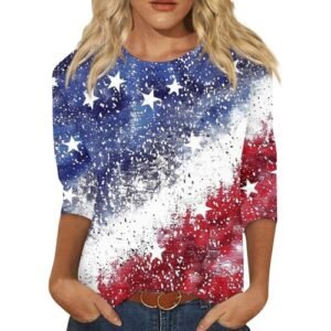 YUTANRAL 4th of July Tops for Women American Flag Printed 3/4 Sleeve Tops Casual Loose Crew Neck Patriotic Shirts Outfits Af-blue AG womens Active
