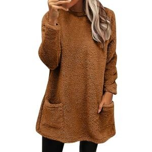 AG Fall Sweaters for Women 2024 Long Fuzzy Fleece Pullover Tops Casual Crewneck Sweatshirt Shaggy Coat with Pockets Large womens Sweatshirts & Hoodies