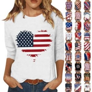 YUTANRAL 4th of July Tops for Women American Flag Printed 3/4 Sleeve Tops Casual Loose Crew Neck Patriotic Shirts Outfits Aa-red AG womens Active
