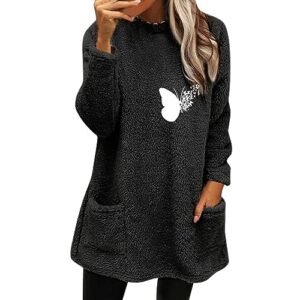 Fall Sweaters for Women 2024 Long Fuzzy Fleece Pullover Tops Casual Crewneck Sweatshirt Shaggy Coat with Pockets XX-Large ‎womens Sweatshirts & Hoodies AG