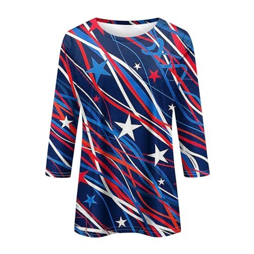 womens Tops, Tees & Blouses AG YUTANRAL 4th of July Tops for Women American Flag Printed 3/4 Sleeve Tops Casual Loose Crew Neck Patriotic Shirts Outfits Ak-dark Blue