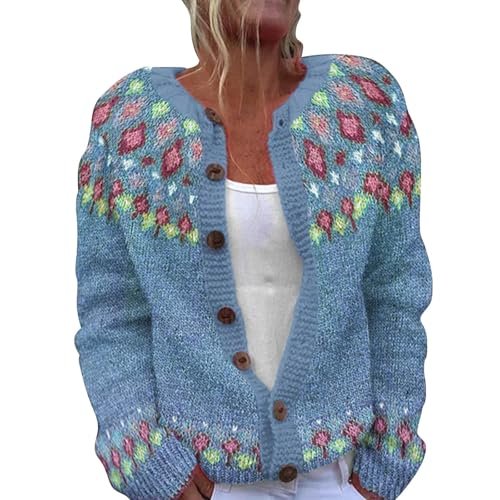 womens Sweaters AG Womens Vintage Fair Isle Cardigan Argyle Button Down Long Sleeve Sweater Retro Pattern Open Front Knit Tops Large