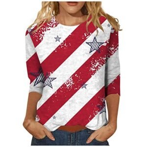 AG T-Shirts ‎womens YUTANRAL 4th of July Tops for Women American Flag Printed 3/4 Sleeve Tops Casual Loose Crew Neck Patriotic Shirts Outfits Al-white