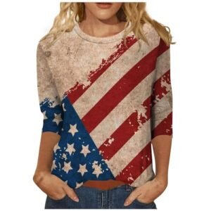 ‎womens Tops, Tees & Blouses AG YUTANRAL 4th of July Tops for Women American Flag Printed 3/4 Sleeve Tops Casual Loose Crew Neck Patriotic Shirts Outfits Am-khaki