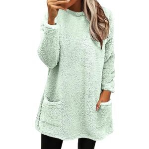 AG Fall Sweaters for Women 2024 Long Fuzzy Fleece Pullover Tops Casual Crewneck Sweatshirt Shaggy Coat with Pockets Small womens Sweatshirts & Hoodies