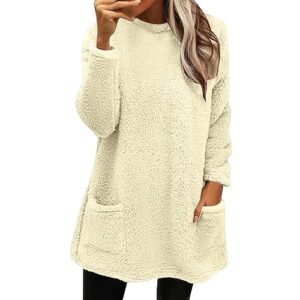 Fall Sweaters for Women 2024 Long Fuzzy Fleece Pullover Tops Casual Crewneck Sweatshirt Shaggy Coat with Pockets Medium AG ‎womens Sweatshirts & Hoodies