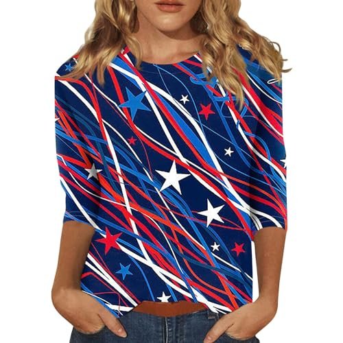 womens Tops, Tees & Blouses AG YUTANRAL 4th of July Tops for Women American Flag Printed 3/4 Sleeve Tops Casual Loose Crew Neck Patriotic Shirts Outfits Ak-dark Blue
