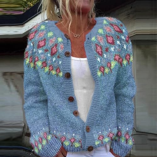 womens Sweaters AG Womens Vintage Fair Isle Cardigan Argyle Button Down Long Sleeve Sweater Retro Pattern Open Front Knit Tops Large