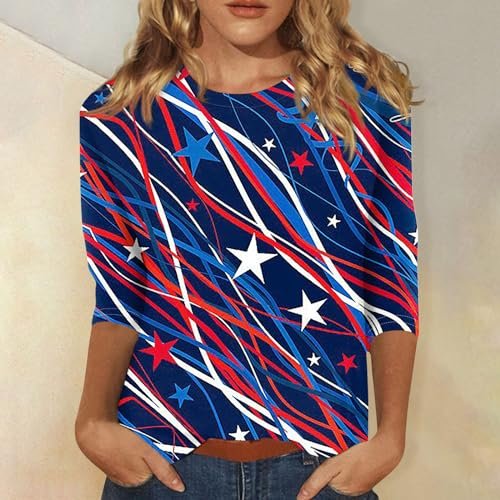 womens Tops, Tees & Blouses AG YUTANRAL 4th of July Tops for Women American Flag Printed 3/4 Sleeve Tops Casual Loose Crew Neck Patriotic Shirts Outfits Ak-dark Blue