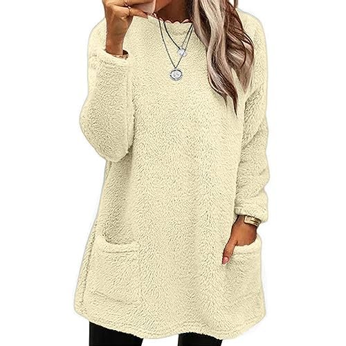 Fall Sweaters for Women 2024 Long Fuzzy Fleece Pullover Tops Casual Crewneck Sweatshirt Shaggy Coat with Pockets Medium AG womens Sweatshirts & Hoodies