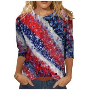 ‎womens Tops, Tees & Blouses AG YUTANRAL 4th of July Tops for Women American Flag Printed 3/4 Sleeve Tops Casual Loose Crew Neck Patriotic Shirts Outfits Ao-royal B