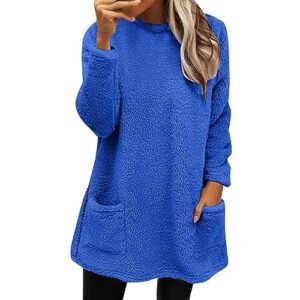 Fall Sweaters for Women 2024 Long Fuzzy Fleece Pullover Tops Casual Crewneck Sweatshirt Shaggy Coat with Pockets X-Large ‎womens Sweatshirts & Hoodies AG