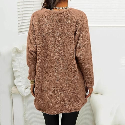 Fall Sweaters for Women 2024 Long Fuzzy Fleece Pullover Tops Casual Crewneck Sweatshirt Shaggy Coat with Pockets Medium womens Sweatshirts & Hoodies AG