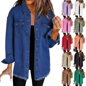 Womens Oversized Denim Jacket Lightweight Button Down Long Jean Jacket Casual Boyfriend Distresse Jacket Coats Medium AG ‎Women Coats, Jackets & Vests