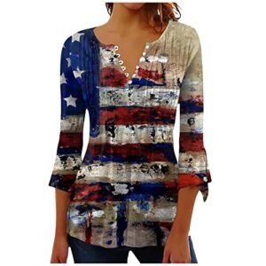 YUTANRAL 4th of July Tops for Women American Flag Printed 3/4 Sleeve Tops Casual Loose Crew Neck Patriotic Shirts Outfits Ae-multico womens Active AG