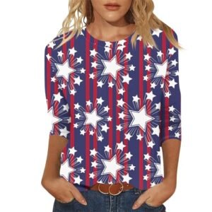 YUTANRAL 4th of July Tops for Women American Flag Printed 3/4 Sleeve Tops Casual Loose Crew Neck Patriotic Shirts Outfits Ag-hot Pink womens Active AG
