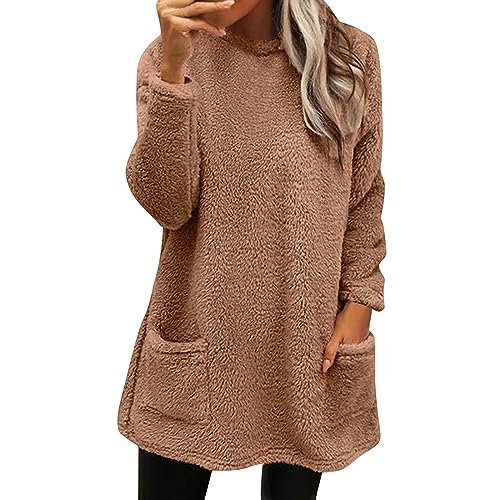 Fall Sweaters for Women 2024 Long Fuzzy Fleece Pullover Tops Casual Crewneck Sweatshirt Shaggy Coat with Pockets Medium womens Sweatshirts & Hoodies AG
