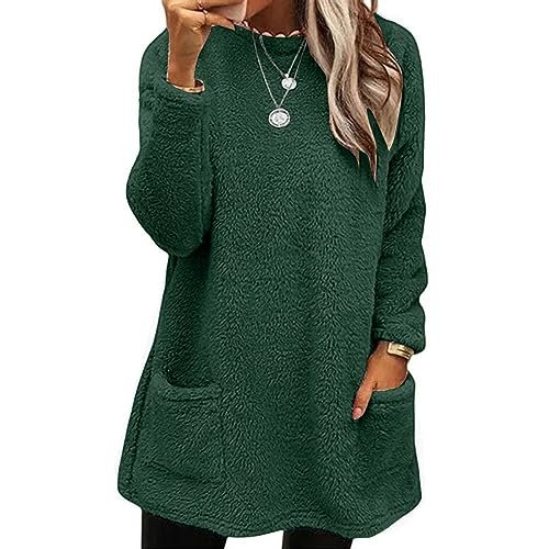 Fall Sweaters for Women 2024 Long Fuzzy Fleece Pullover Tops Casual Crewneck Sweatshirt Shaggy Coat with Pockets Medium womens Sweatshirts & Hoodies AG