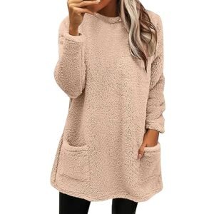 ‎womens Sweatshirts & Hoodies AG Fall Sweaters for Women 2024 Long Fuzzy Fleece Pullover Tops Casual Crewneck Sweatshirt Shaggy Coat with Pockets Medium