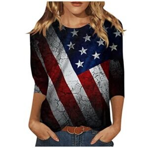 YUTANRAL 4th of July Tops for Women American Flag Printed 3/4 Sleeve Tops Casual Loose Crew Neck Patriotic Shirts Outfits Aa-dark Gray womens Tops, Tees & Blouses AG