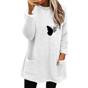 ‎womens Sweatshirts & Hoodies AG Fall Sweaters for Women 2024 Long Fuzzy Fleece Pullover Tops Casual Crewneck Sweatshirt Shaggy Coat with Pockets XX-Large