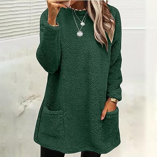 Fall Sweaters for Women 2024 Long Fuzzy Fleece Pullover Tops Casual Crewneck Sweatshirt Shaggy Coat with Pockets Medium womens Sweatshirts & Hoodies AG