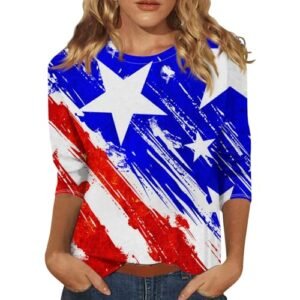 YUTANRAL 4th of July Tops for Women American Flag Printed 3/4 Sleeve Tops Casual Loose Crew Neck Patriotic Shirts Outfits Ah-royal B AG ‎womens T-Shirts