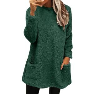 Fall Sweaters for Women 2024 Long Fuzzy Fleece Pullover Tops Casual Crewneck Sweatshirt Shaggy Coat with Pockets Medium ‎womens Sweatshirts & Hoodies AG