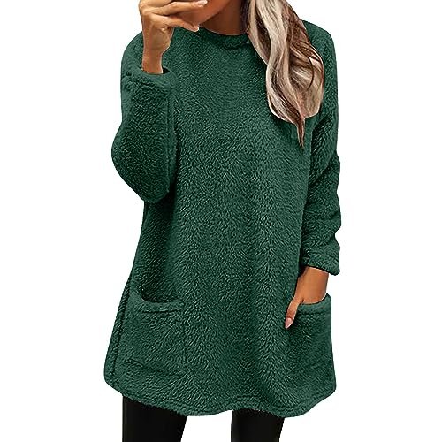 Fall Sweaters for Women 2024 Long Fuzzy Fleece Pullover Tops Casual Crewneck Sweatshirt Shaggy Coat with Pockets Medium womens Sweatshirts & Hoodies AG