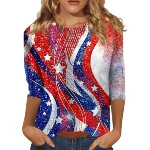 YUTANRAL 4th of July Tops for Women American Flag Printed 3/4 Sleeve Tops Casual Loose Crew Neck Patriotic Shirts Outfits Ak-red AG ‎womens Tops, Tees & Blouses