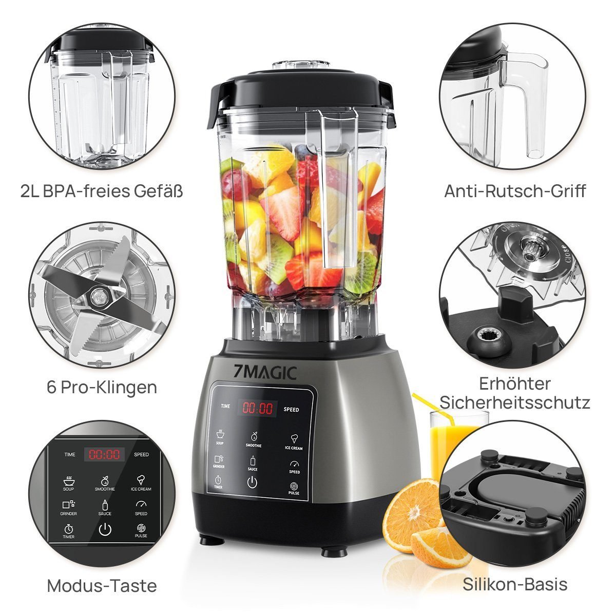 7MAGIC Standmixer Pulsfunktion, Timer, 5 intelligentes Programm Smoothie Maker, 2000 W, max. 28.000 U/min Hochleitungsmixer mit Touchpanel LED Display Standmixer 7MAGIC