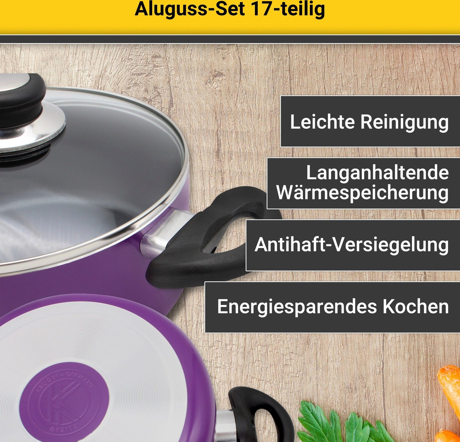 Krüger Topf-Set Aluguss Topf- und Pfannenset inkl. praktischen Küchenhelfern, 17 tlg., Aluminiumguss (Set, 17-tlg., Fleischtopf 16/18/20/24cm, Stieltopf 16cm Steakpfanne 7 T.Küchenhelfer), inkl. 7-tlg. Küchenhelfer-Set lila Kru00FCger Topfsets