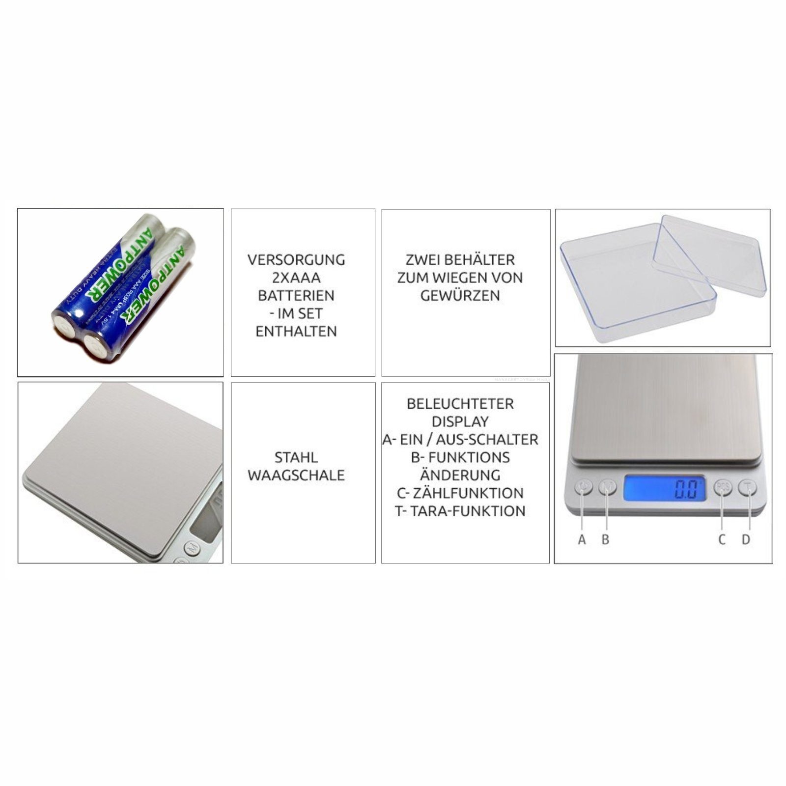 VARA Küchenwaage Digitale Haushalts- Feinwaage Küchenwaage 2 kg 0.1 Gramm Batterien VARA Küchenwaagen