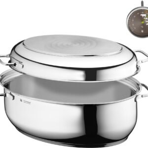 Bräter WMF WMF Bräter Schmortopf Induktion, Cromargan® Edelstahl Rostfrei 18/10 (1-tlg), Deckel als induktionspfanne nutzbar, inklusive Fleischthermometer