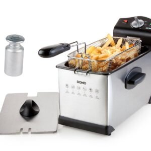 Domo Kaltzonenfritteusen Domo Kaltzonenfritteuse, 2000 W, kleine 3L Frittöse Pommes, Schnitzel mit Fett frittieren & Salzstreuer