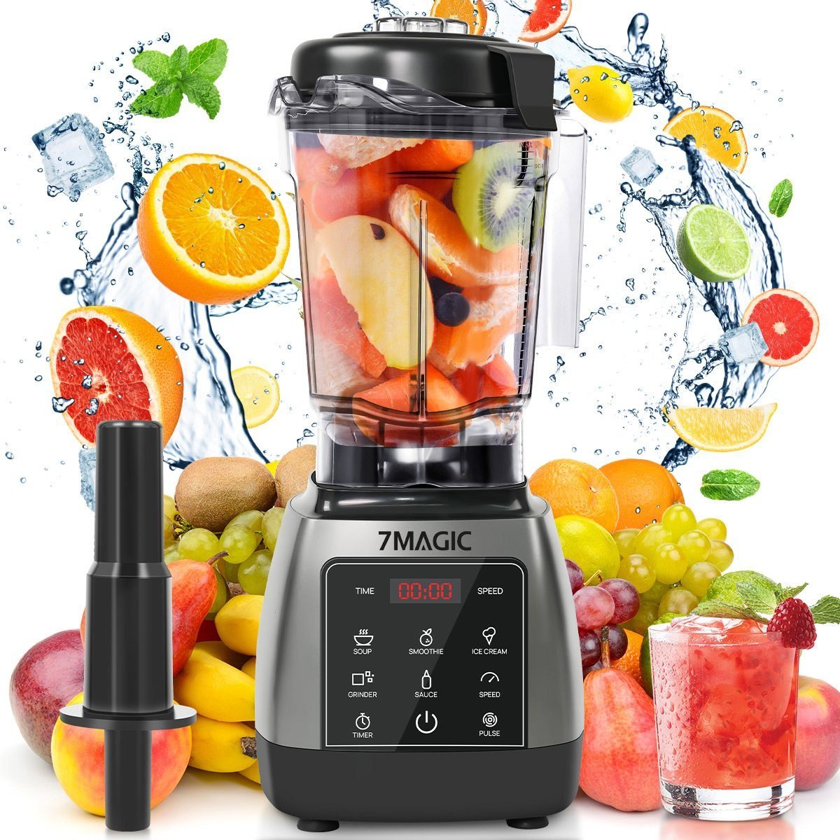7MAGIC Standmixer Pulsfunktion, Timer, 5 intelligentes Programm Smoothie Maker, 2000 W, max. 28.000 U/min Hochleitungsmixer mit Touchpanel LED Display Standmixer 7MAGIC