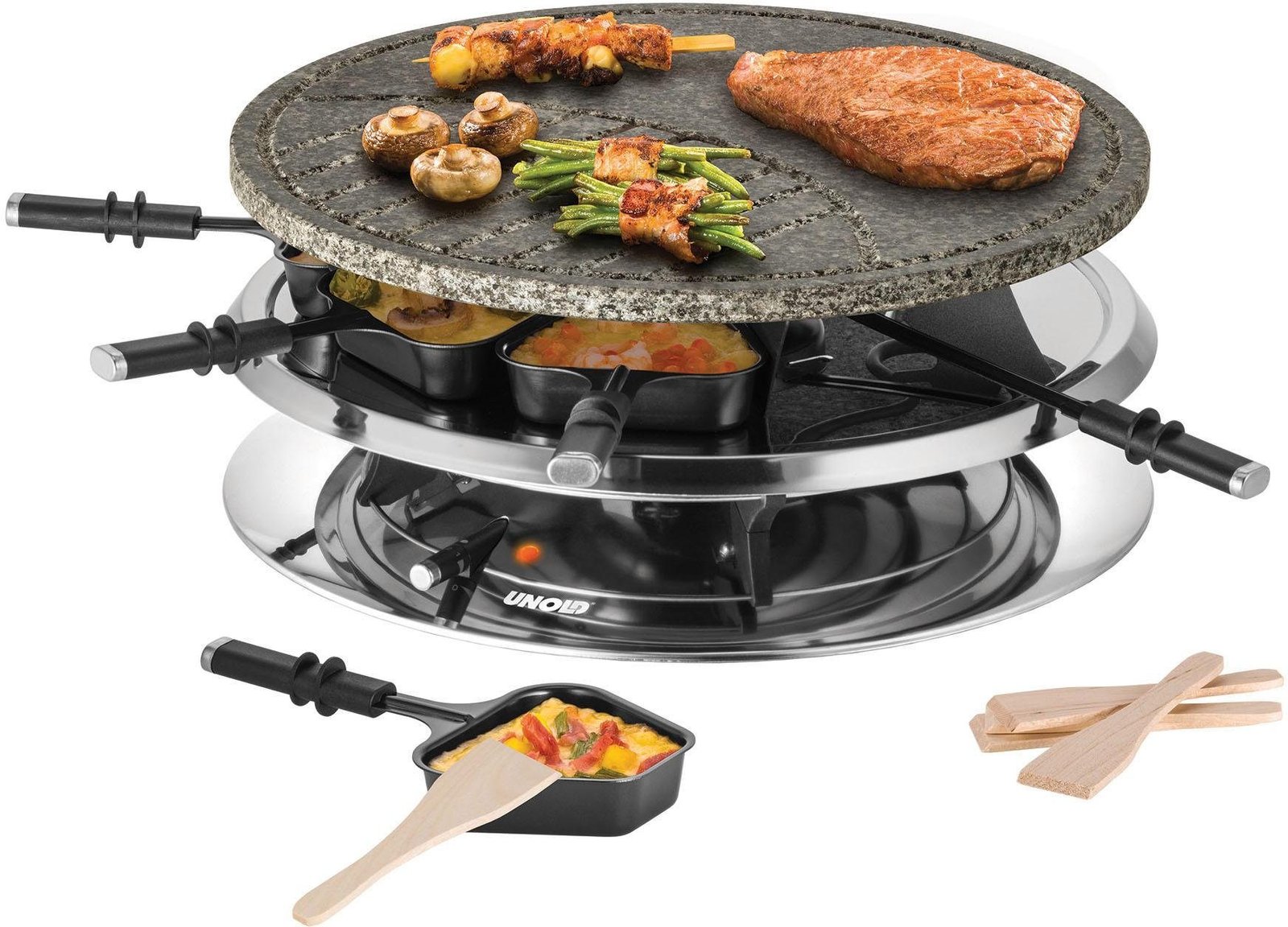 Unold Unold Raclette und Fondue-Set Multi 4 in 1 - 48726, 8 Raclettepfännchen, 1300 W Raclette