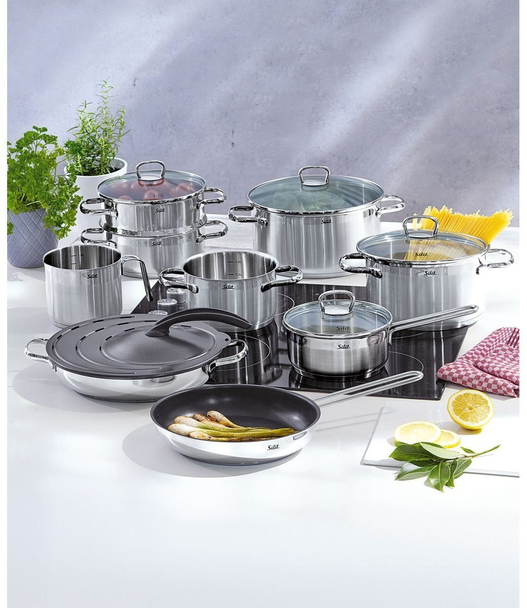 Silit Topf-Set Toskana, teilmattiert, Induktions Töpfe Set unbeschichtet, Edelstahl 18/10 (Set, 9-tlg., Bratentopf Ø 20 cm, Fleischtopf Ø 16/20/24 cm, Stielkasserolle Ø 16 cm), mit Glasdeckel, für alle Herdarten geeignet, ohne Innenskalierung Silit Suppentöpfe