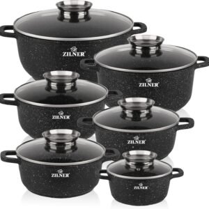 Zilner Zilner Topf-Set Schöne schwarze Töpfe in 6 verschiedenen Größen, Steinbeschichtung, Aluminiumguss, Aluminium, Keramik, Edelstahl (1.3L / 2.3L / 3.2L / 4.5L / 6.8L, 12-tlg., Es ist eine perfekte Geschenkidee für jeden Anlass. Bestseller Topfset), Innovative Aroma Knob-Griffe Topfsets